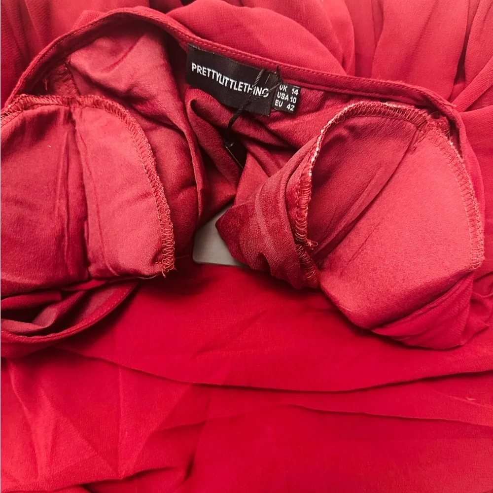 PrettyLittleThing Red Chiffon Ruched Bodycon Long Sleeve Dress  NWT Womens 10 - Picture 7 of 10